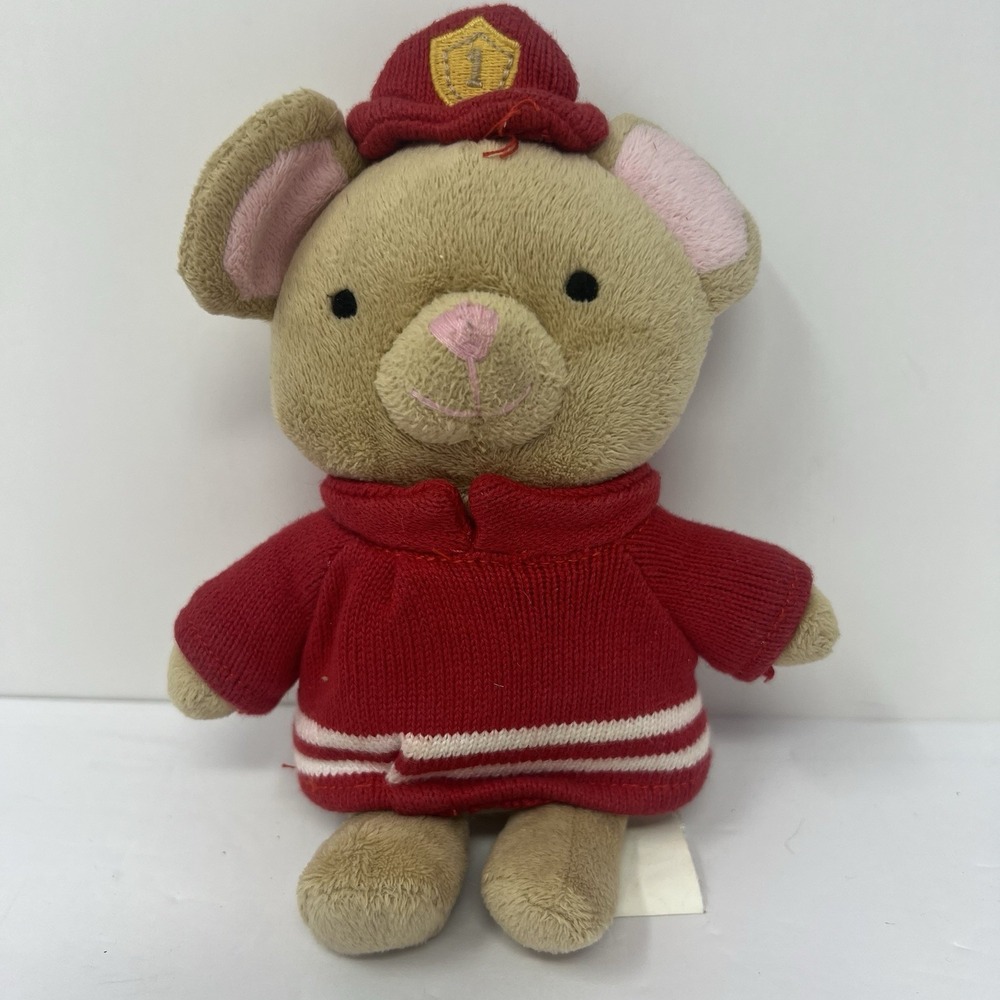 Gymboree Fireman Mouse Plush One Size Tan Red Rattle Stuffed Animal Lovey Toy